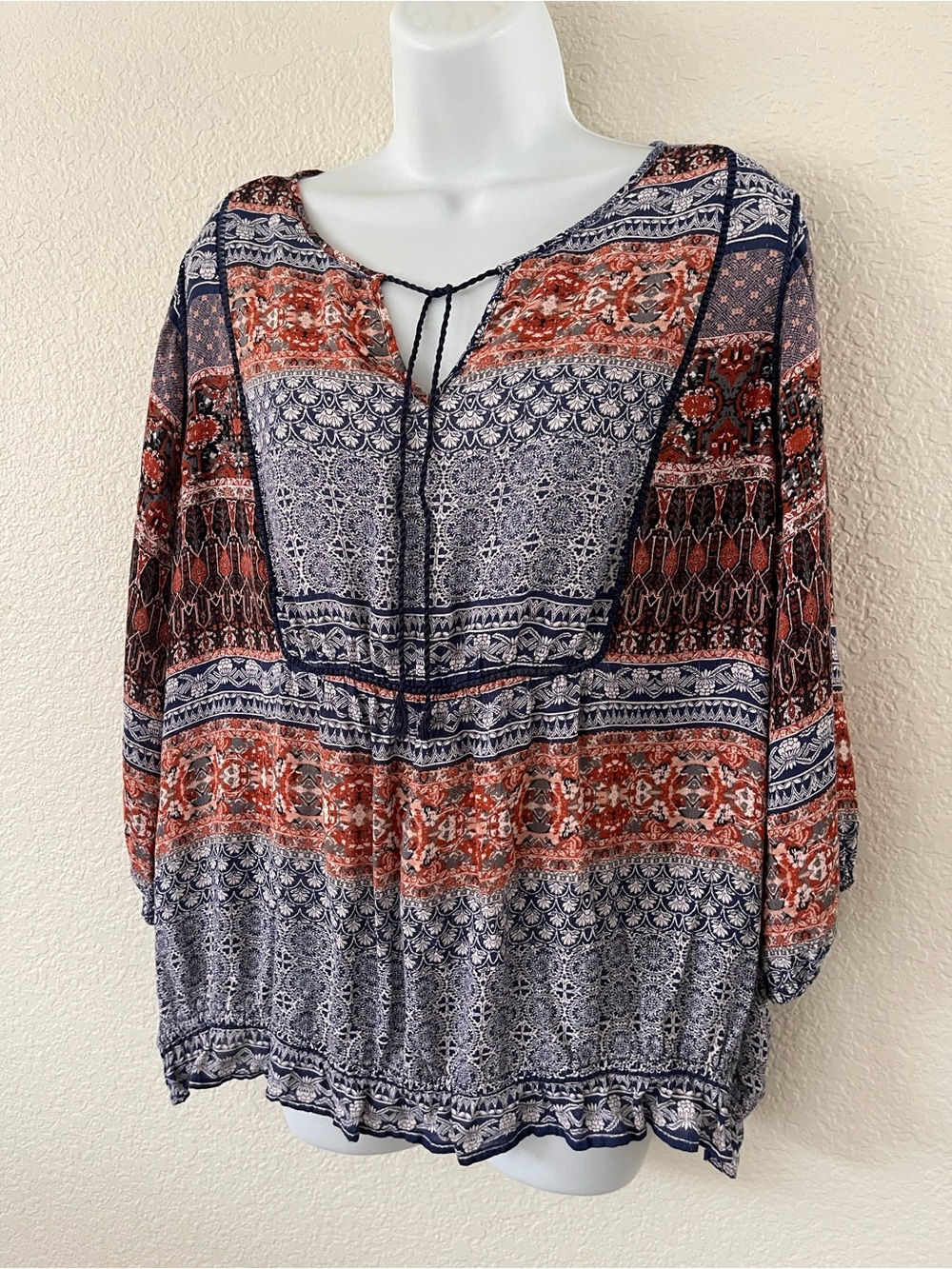 Lucky Brand Boho Floral Peasant Blouse Top 2XL Blue Red Mixed Print Tassel